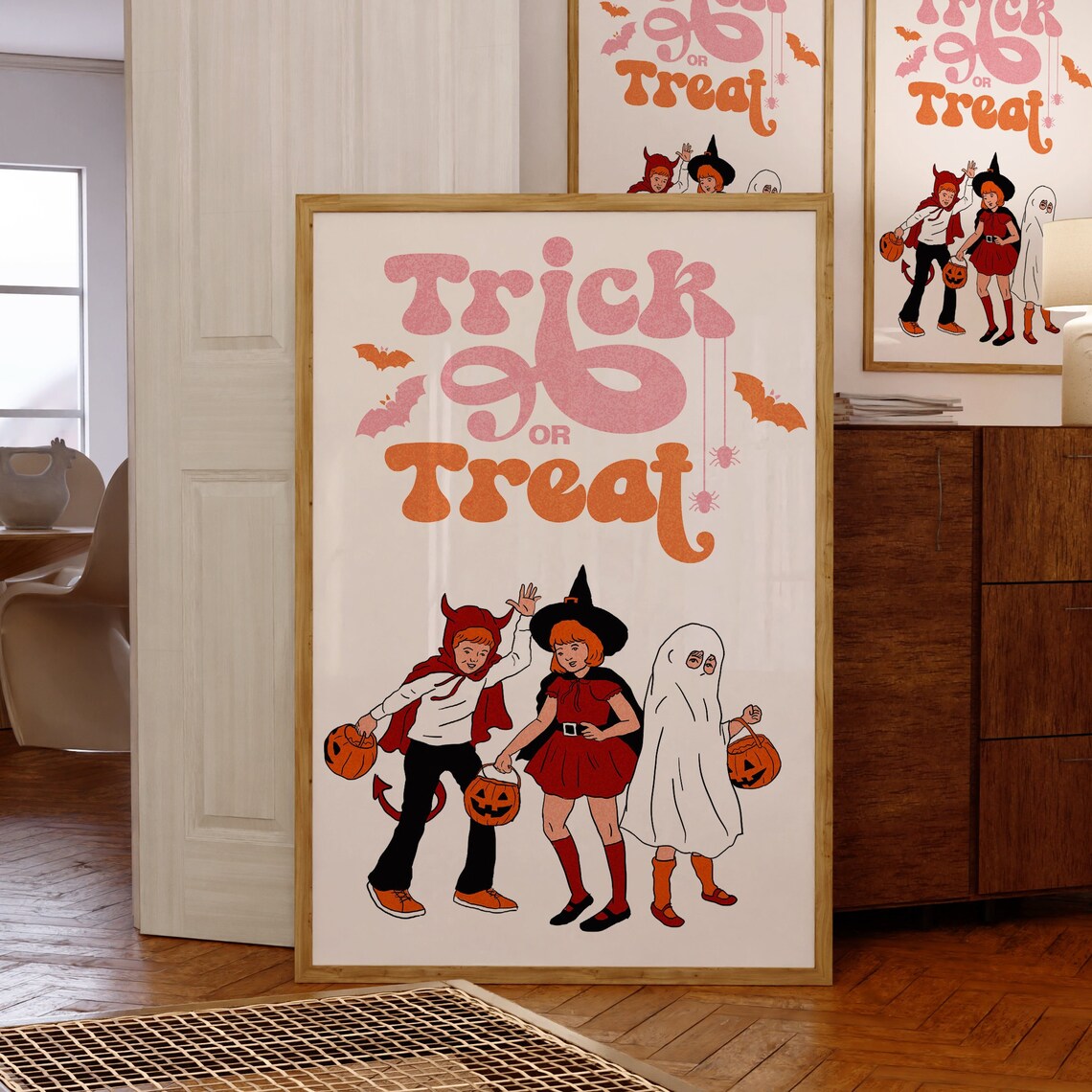 Retro Trick Or Treat Halloween Poster Pink Orange Kids Costume Decor