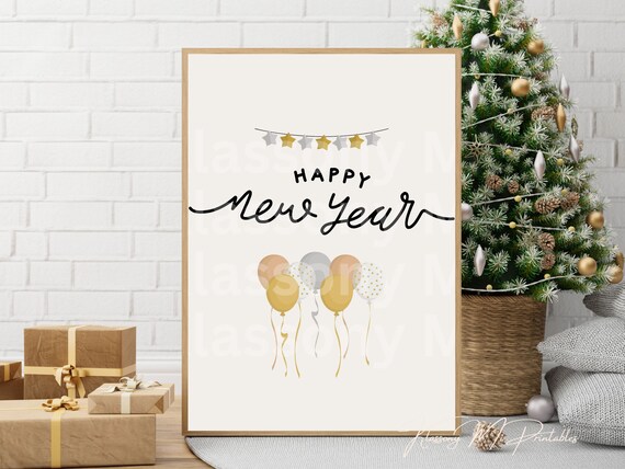 Happy New Year Balloons Stars Garland Cute Pastel Celebration Poster