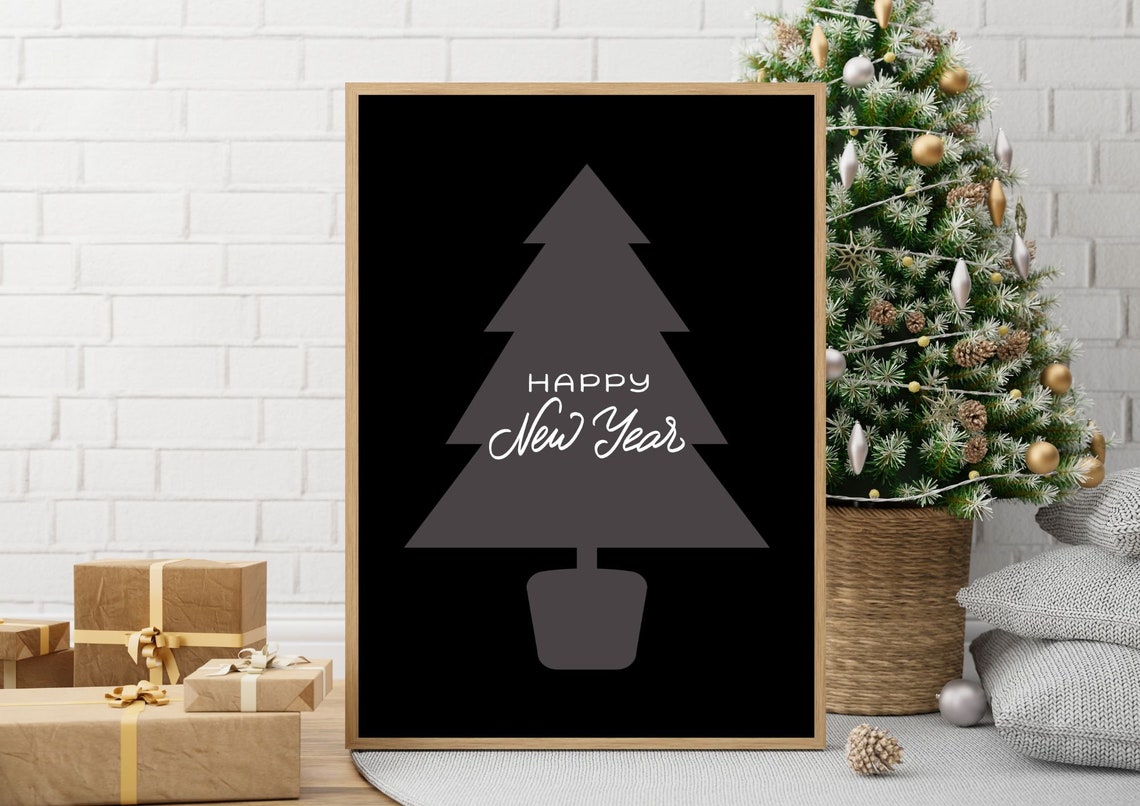 Happy New Year Grey Christmas Tree Black Minimalist Wall Art