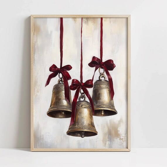 Three Bronze Christmas Bells Red Ribbons Vintage Style Wall Art