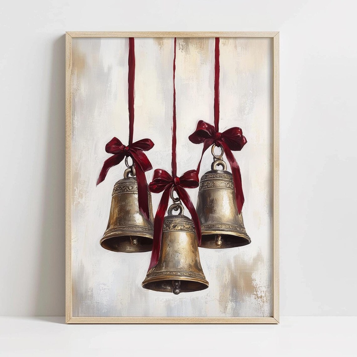 Three Bronze Christmas Bells Red Ribbons Vintage Style Wall Art