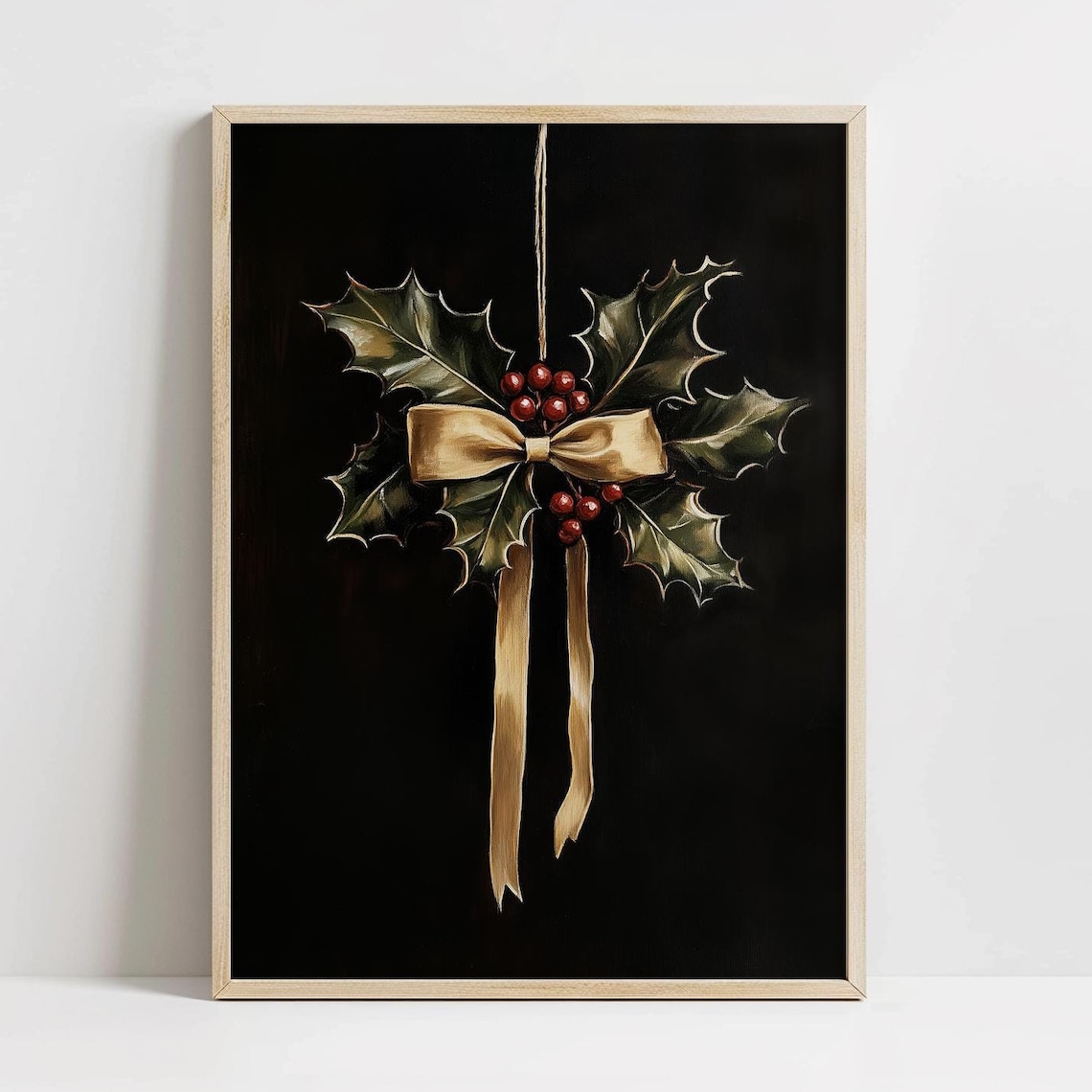 Christmas Holly with Gold Bow Elegant Dark Botanical Art Poster