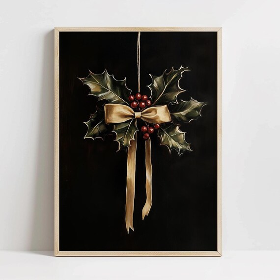 Christmas Holly with Gold Bow Elegant Dark Botanical Art Poster