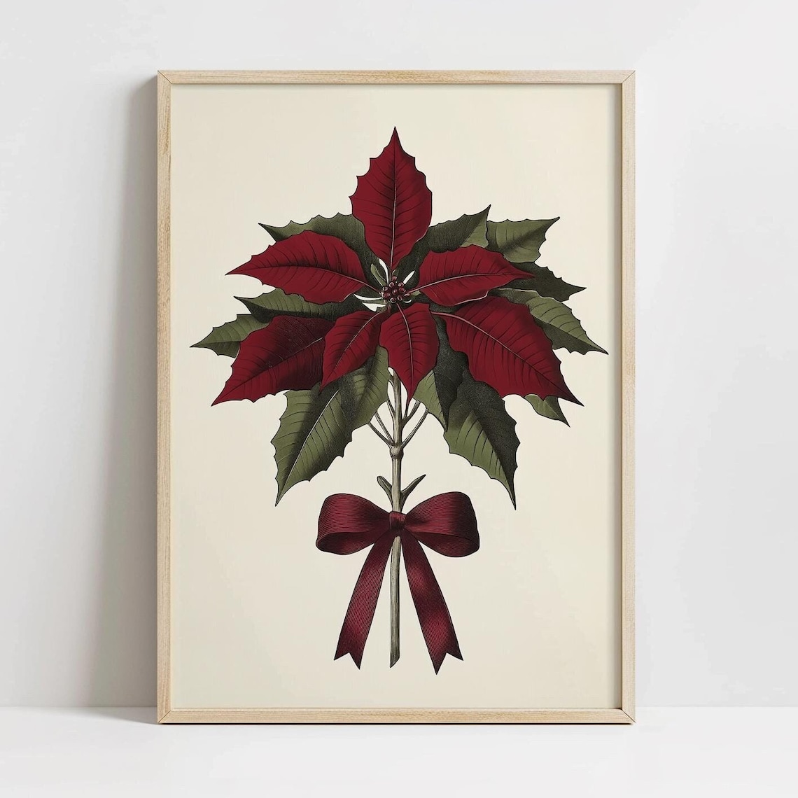 Burgundy Poinsettia Botanical Stem Ribbon Bow Vintage Style Poster