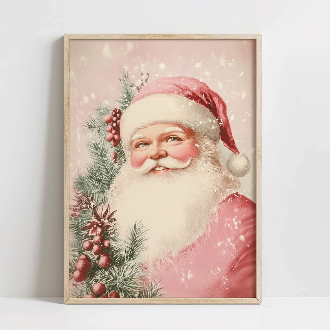 Pink Santa Claus Smiling Portrait Pine Berries Vintage Pink Art Poster
