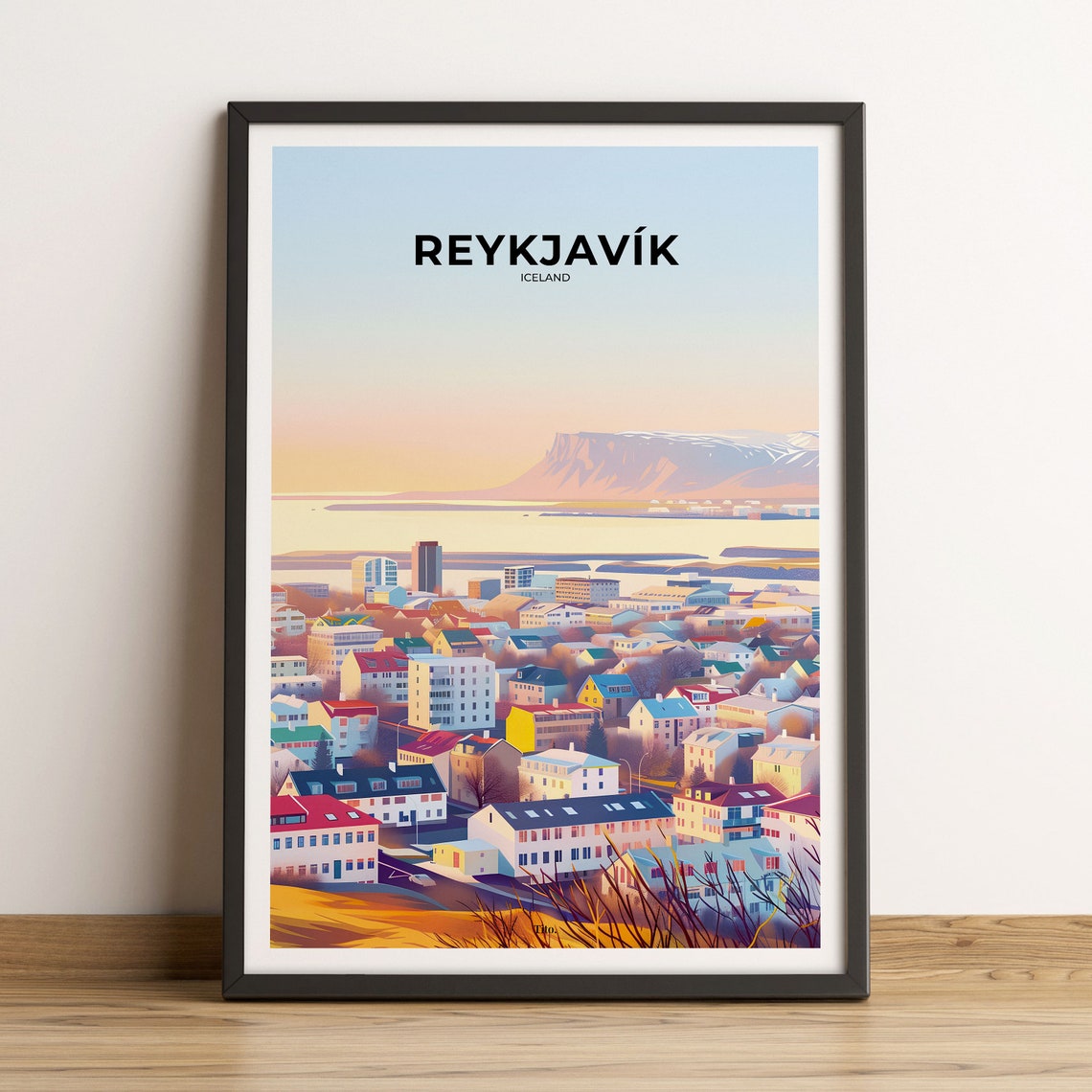 Reykjavik Iceland Sunrise Over Rooftops and Harbor Travel Poster