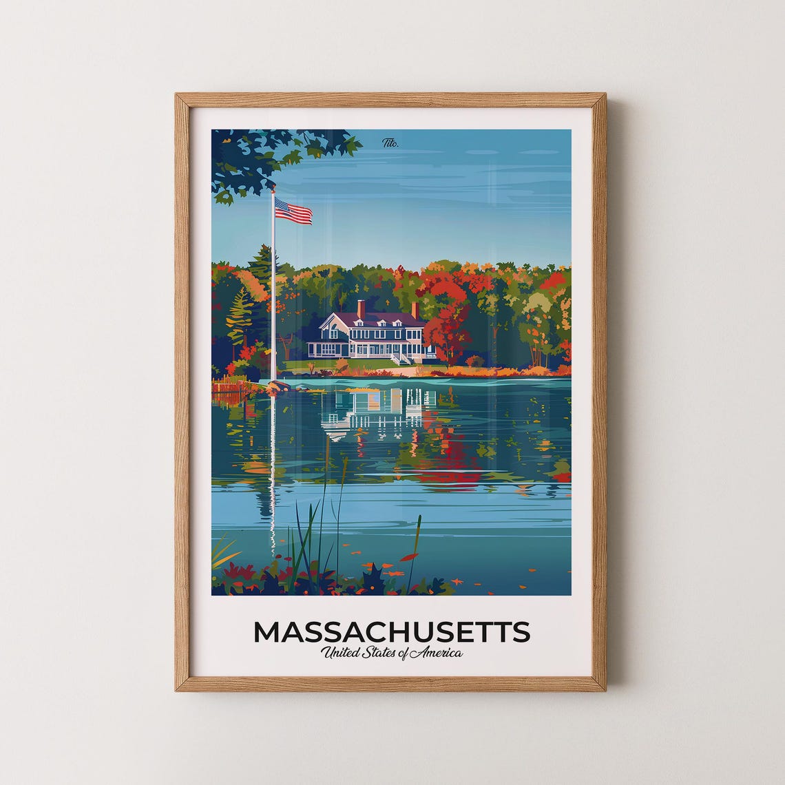 Massachusetts Autumn Lake Manor Flag Reflection Vintage Art Poster