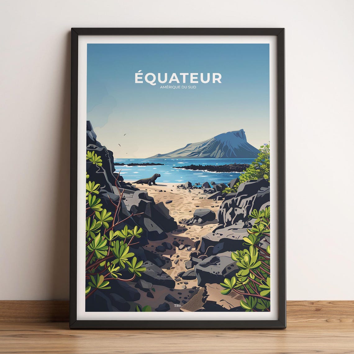 Ecuador Galapagos Volcanic Coast Iguana Travel Poster Decor Art