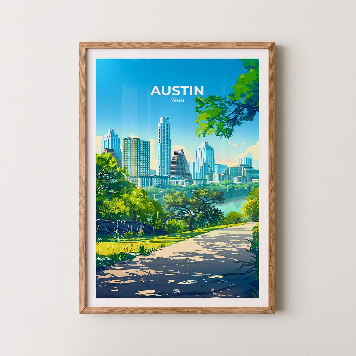 Austin Texas Downtown Skyline Lake Park Path Retro Travel Poster