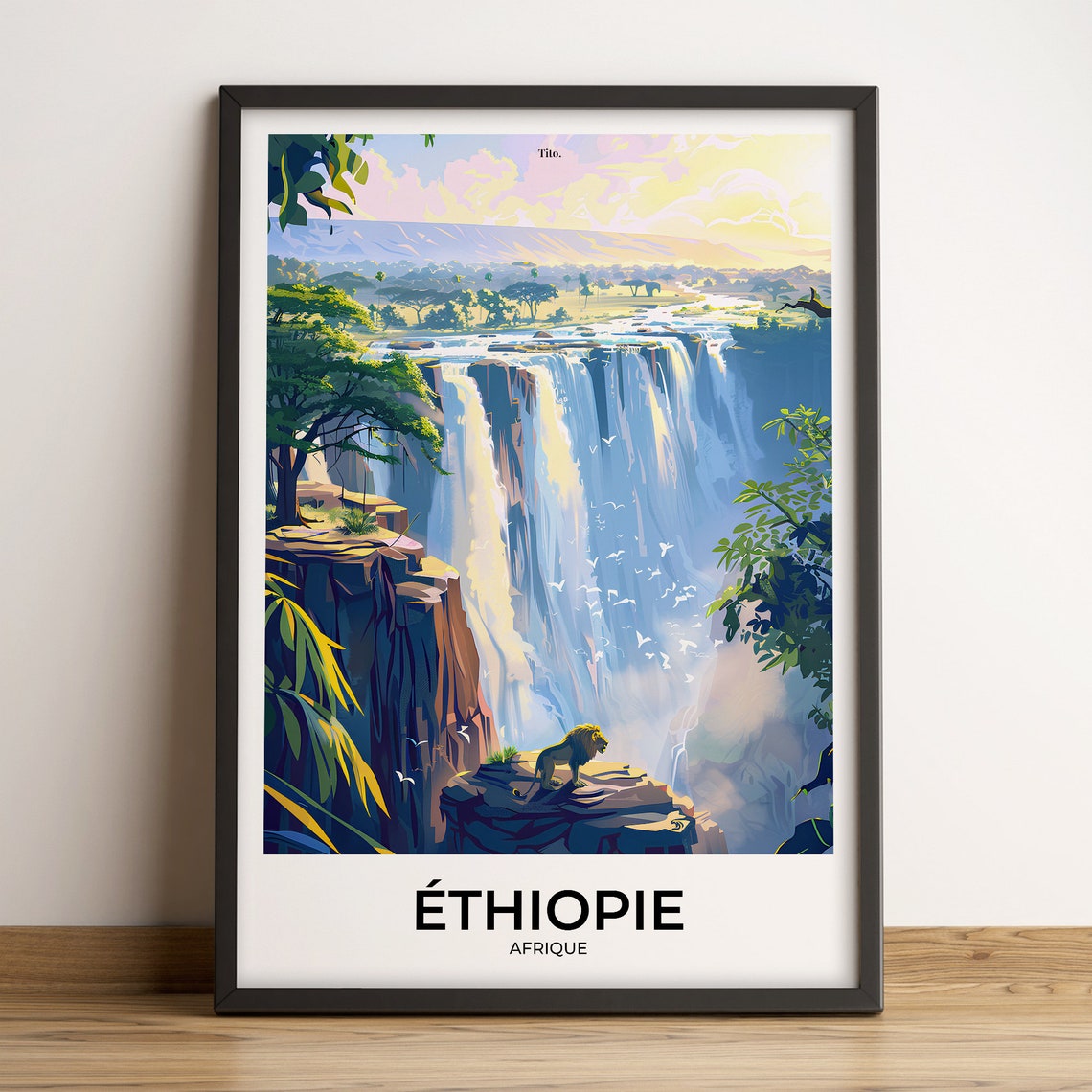 Ethiopia Africa Great Waterfall Lion Cliffs Vintage Travel Poster