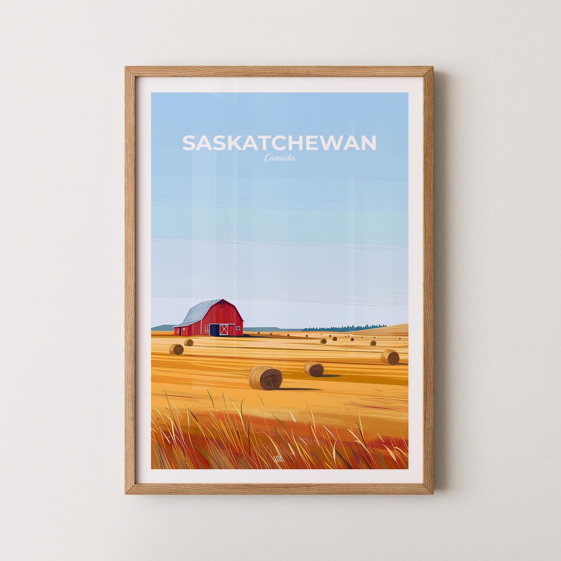 Saskatchewan Canada Red Barn Golden Wheat Field Harvest Travel Poster