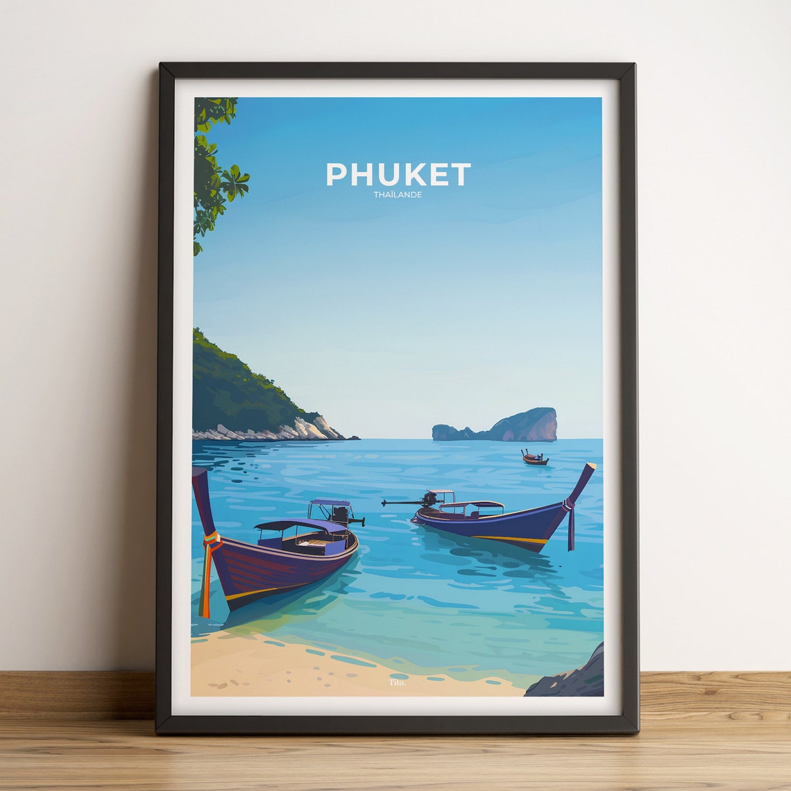 Phuket Thailand Tropical Beach Wooden Boats Seascape Art Poster