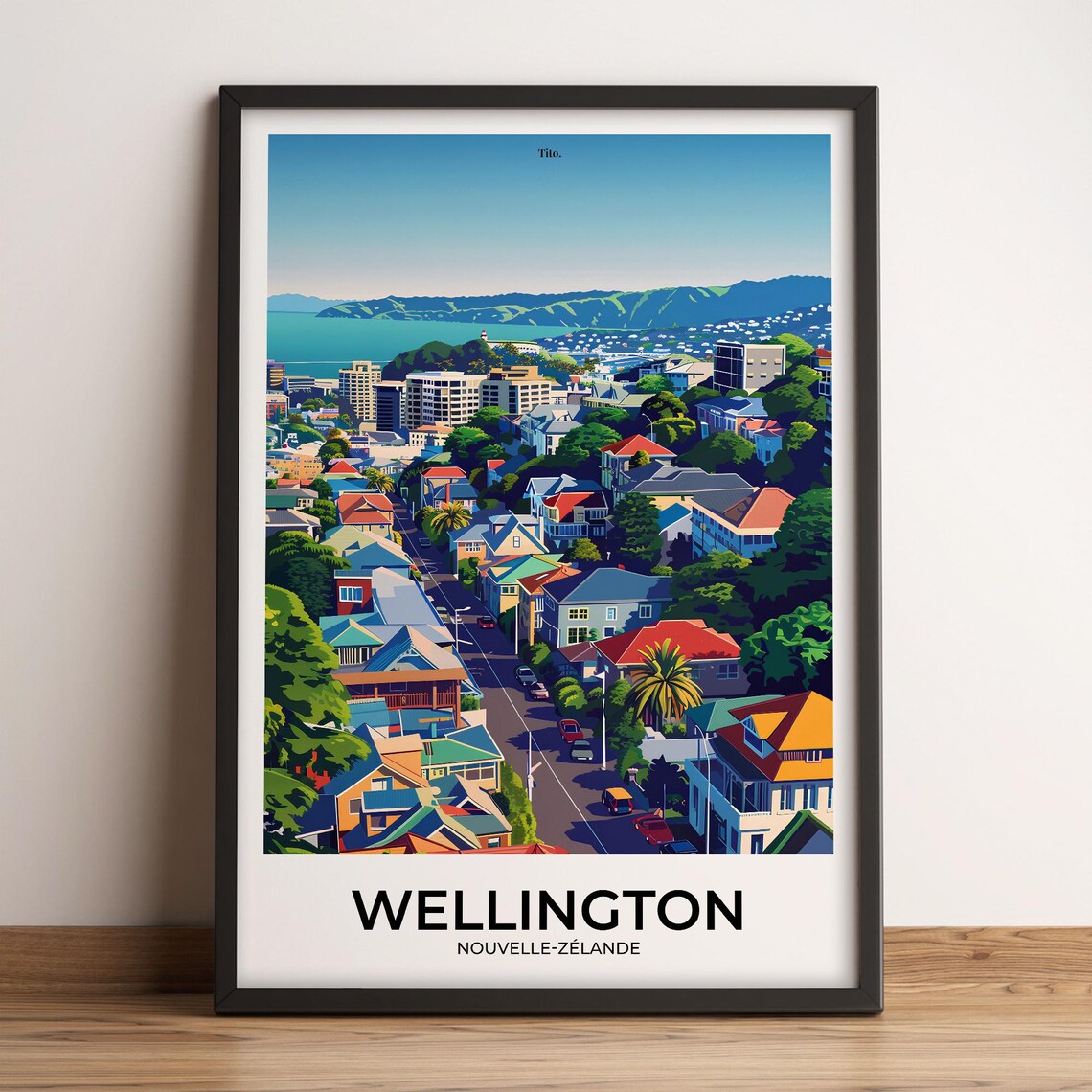 Wellington New Zealand Harbor Cityscape Skyline Vintage Travel Poster