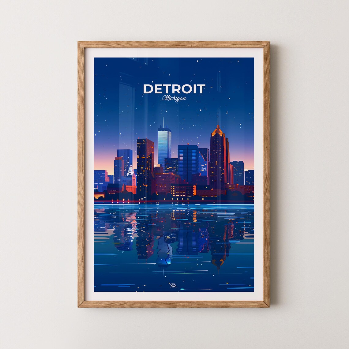 Detroit Michigan Night Skyline River View Illustrated Travel Poster