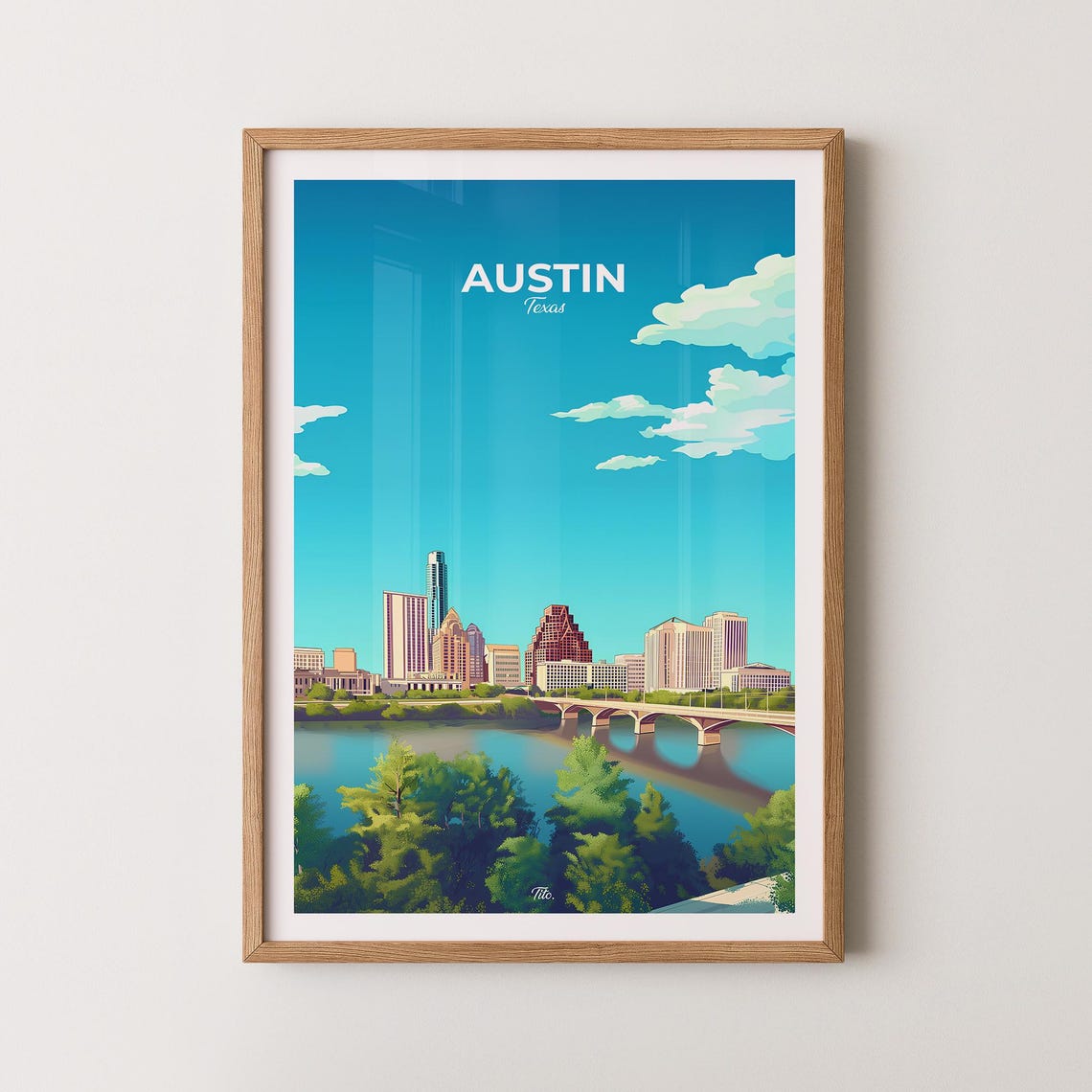Austin Texas Downtown Skyline Arch Bridge River Travel Poster