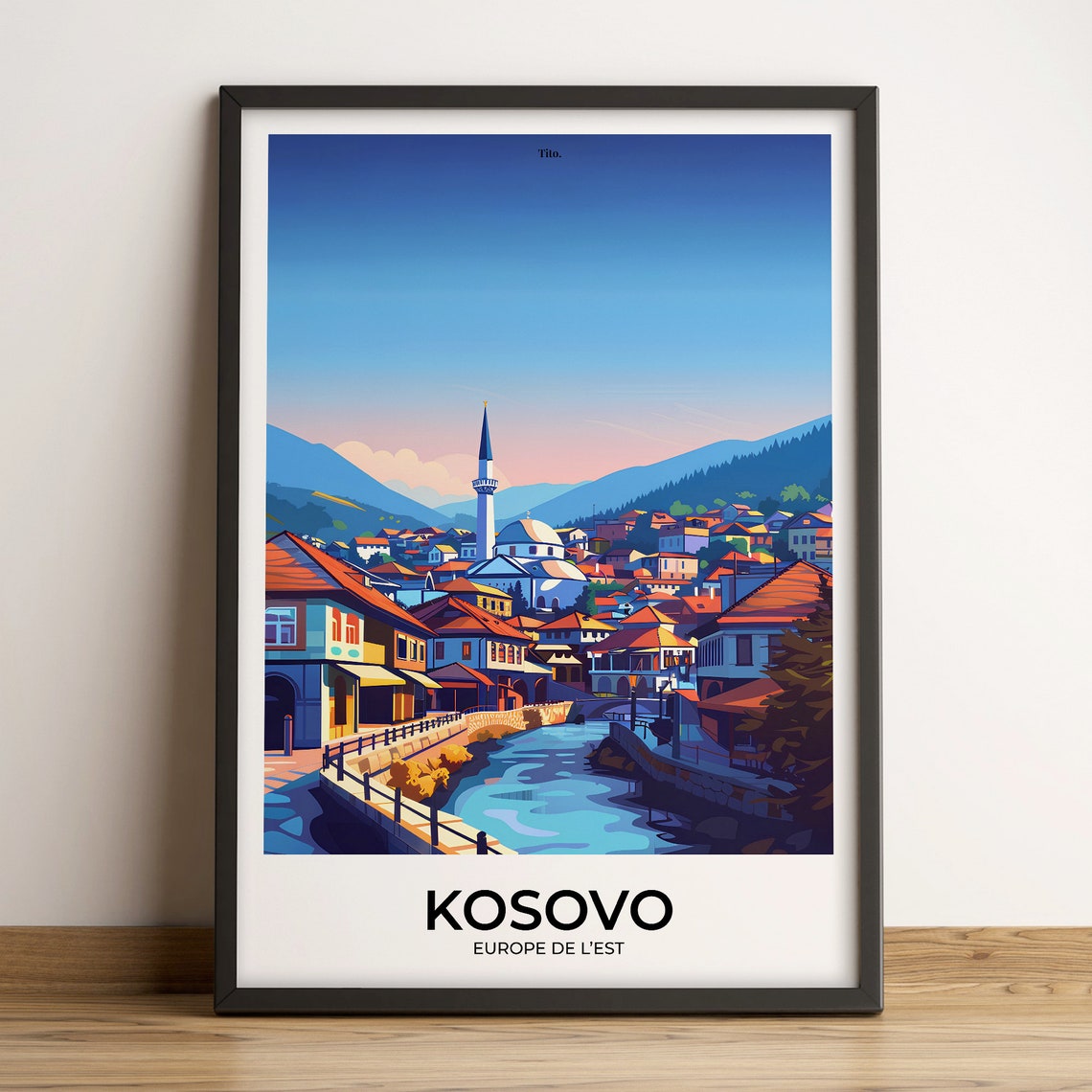 Kosovo Old Town Mosque River Bridge Evening Scenic Travel Poster