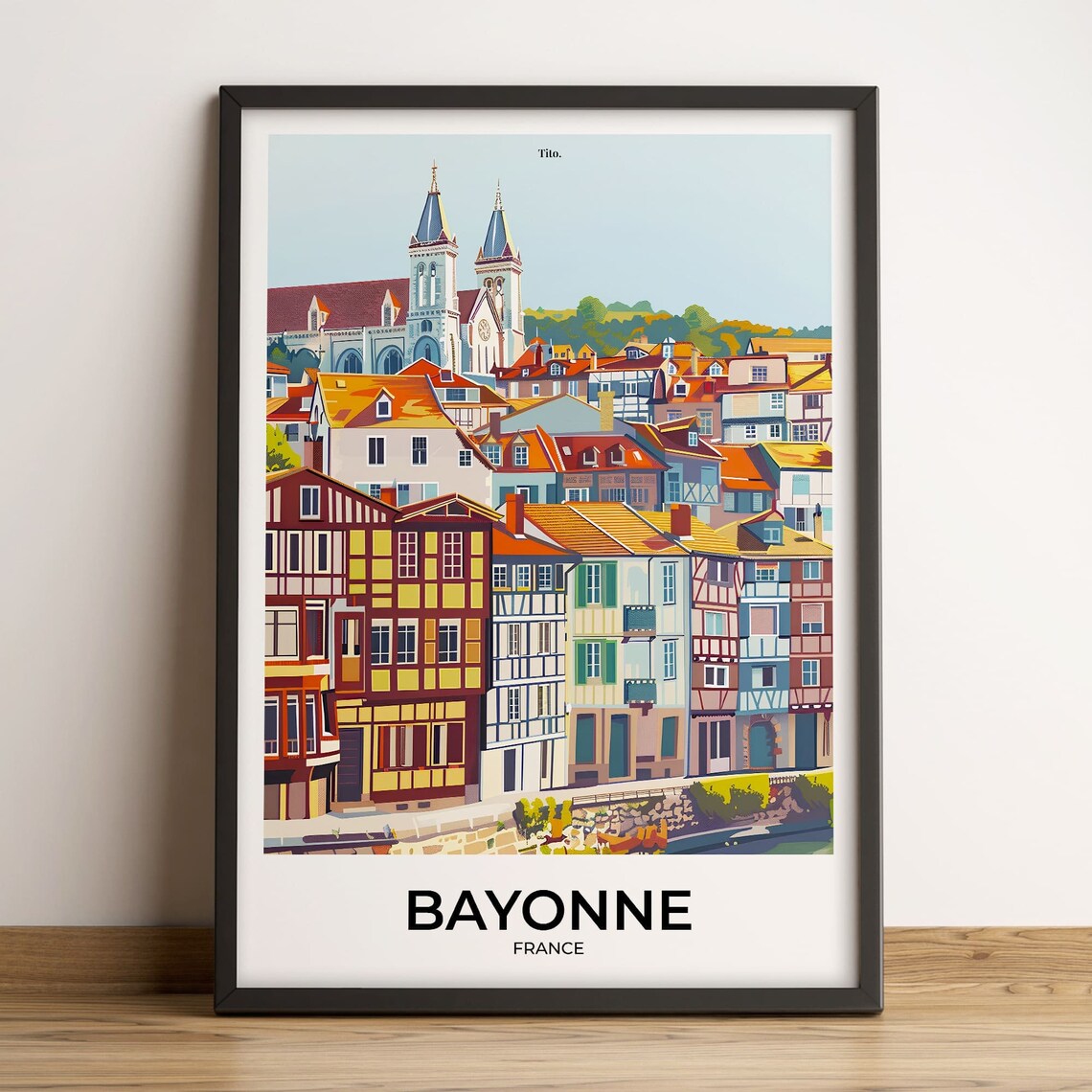 Bayonne France Basque Old Town Cathedral Houses Travel Poster