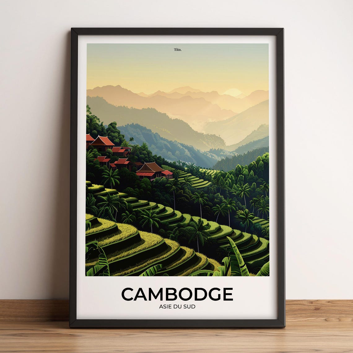 Cambodia Rice Terraces Jungle Village Vintage Travel Poster Art