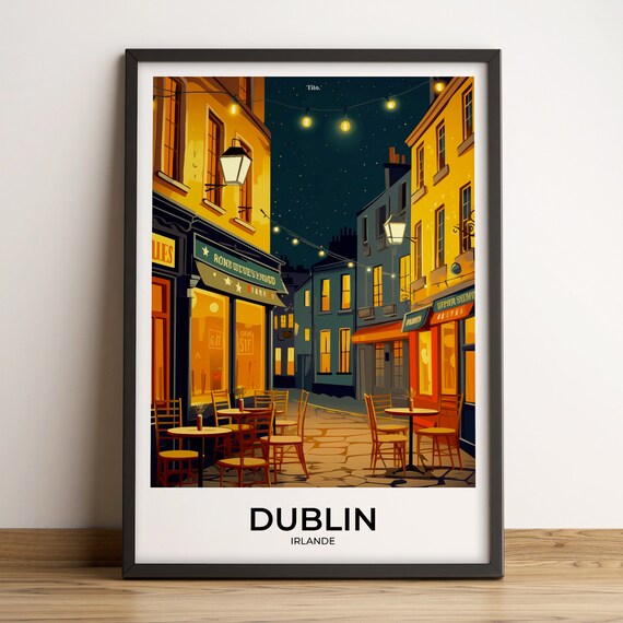 Dublin Ireland Temple Bar Night Street Pubs Starry Travel Poster