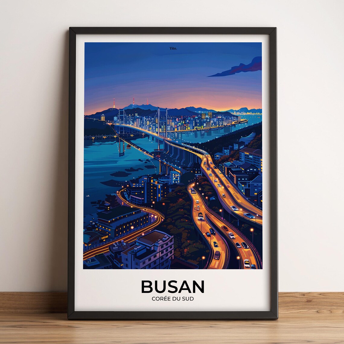 Busan South Korea Night Harbor Bridge Vintage Travel Poster Art