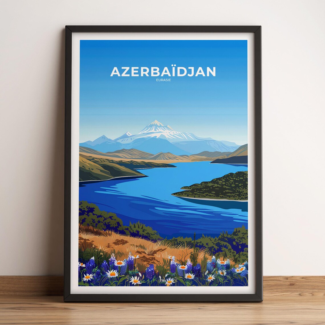 Azerbaijan Alpine Lake Snow Peak Wildflower Scenic Travel Poster
