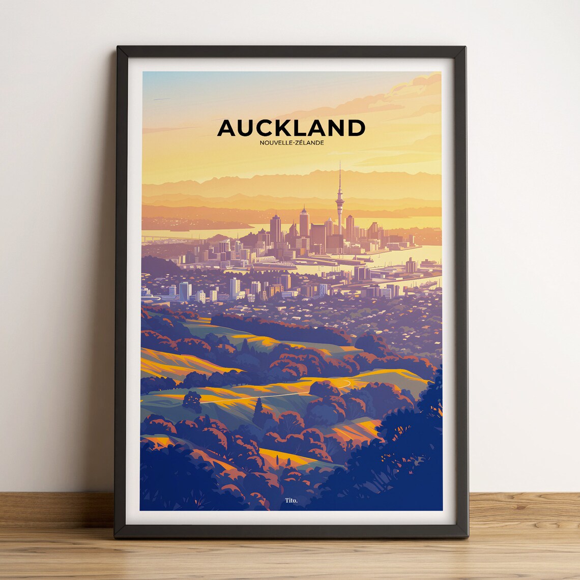 Auckland New Zealand Cityscape Hills Illustrated Evening Poster
