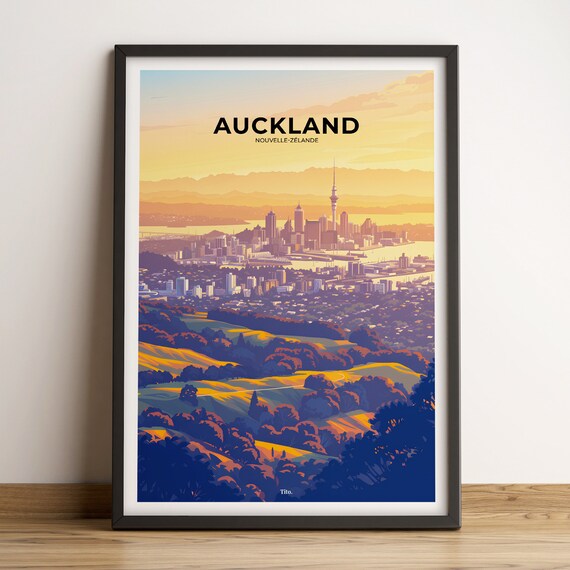 Auckland New Zealand Cityscape Hills Illustrated Evening Poster