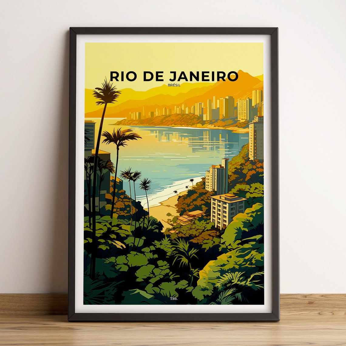 Rio de Janeiro Brazil Beach Coastline Palms Sunset Travel Poster