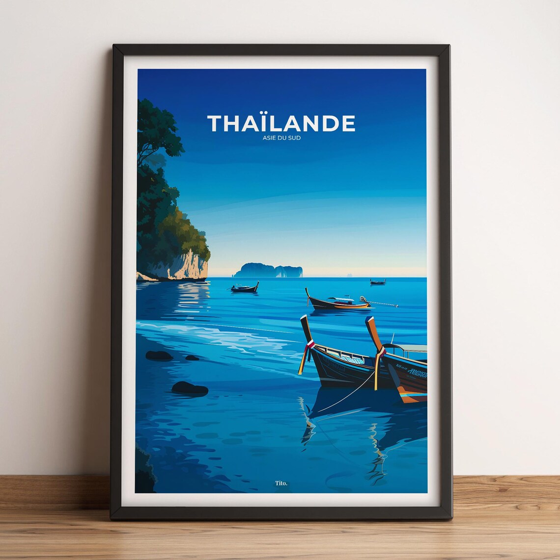 Thailand Southeast Asia Turquoise Bay Longtail Boat Travel Poster