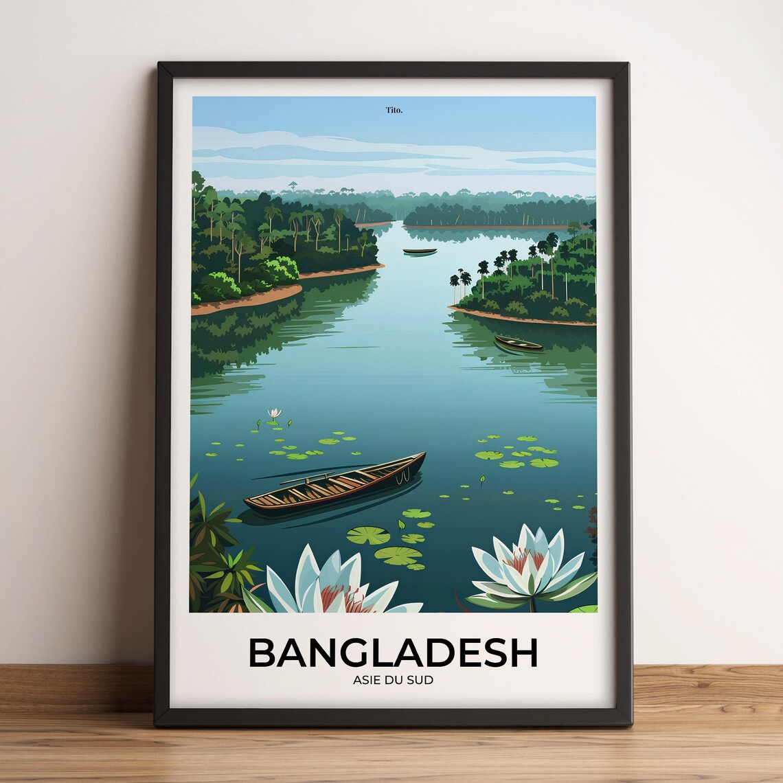 Bangladesh River Boats Water Lilies Vintage Travel Poster Art