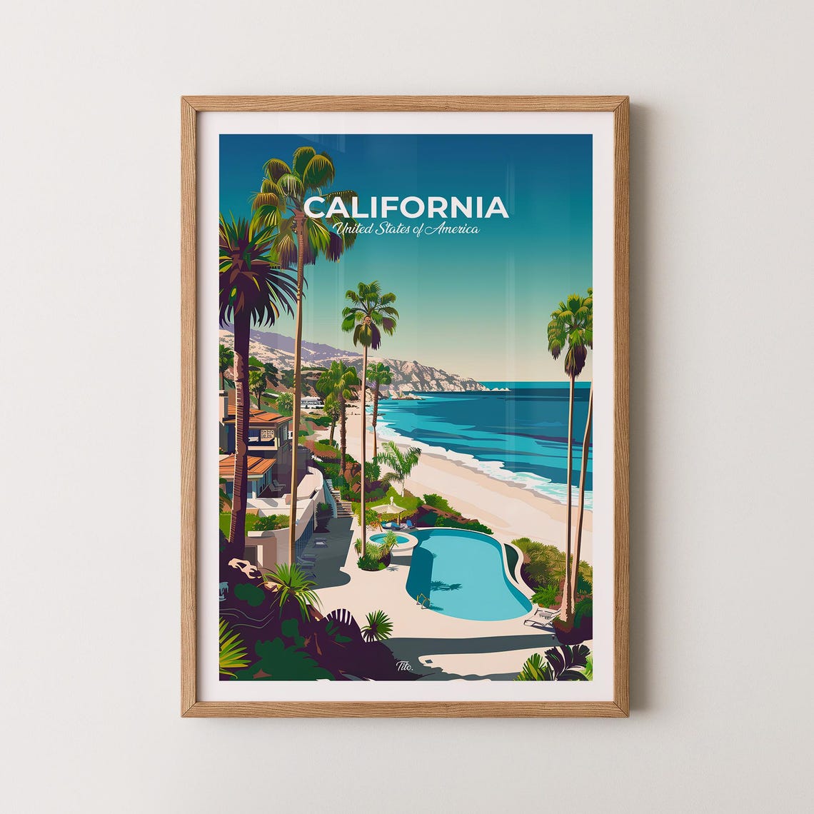 California Sunny Palm Beach Ocean Pool Terrace Travel Poster