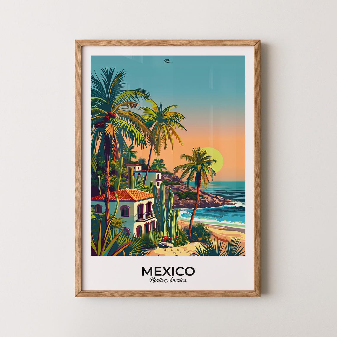 Mexico Caribbean Coast Sunset Palm Grove Villa Travel Poster