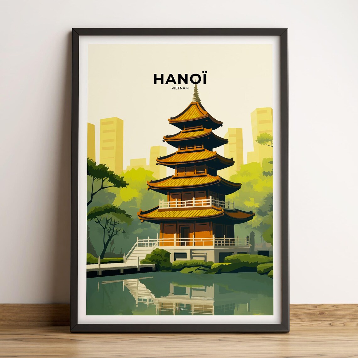 Hanoi Vietnam Temple Gardens City Towers Sunset Travel Poster