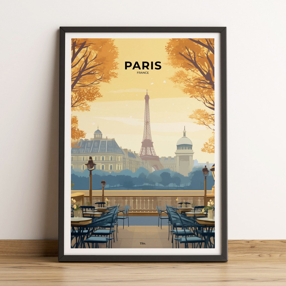 Paris Eiffel Tower Autumn Cafe Terrace Golden Trees Art Poster