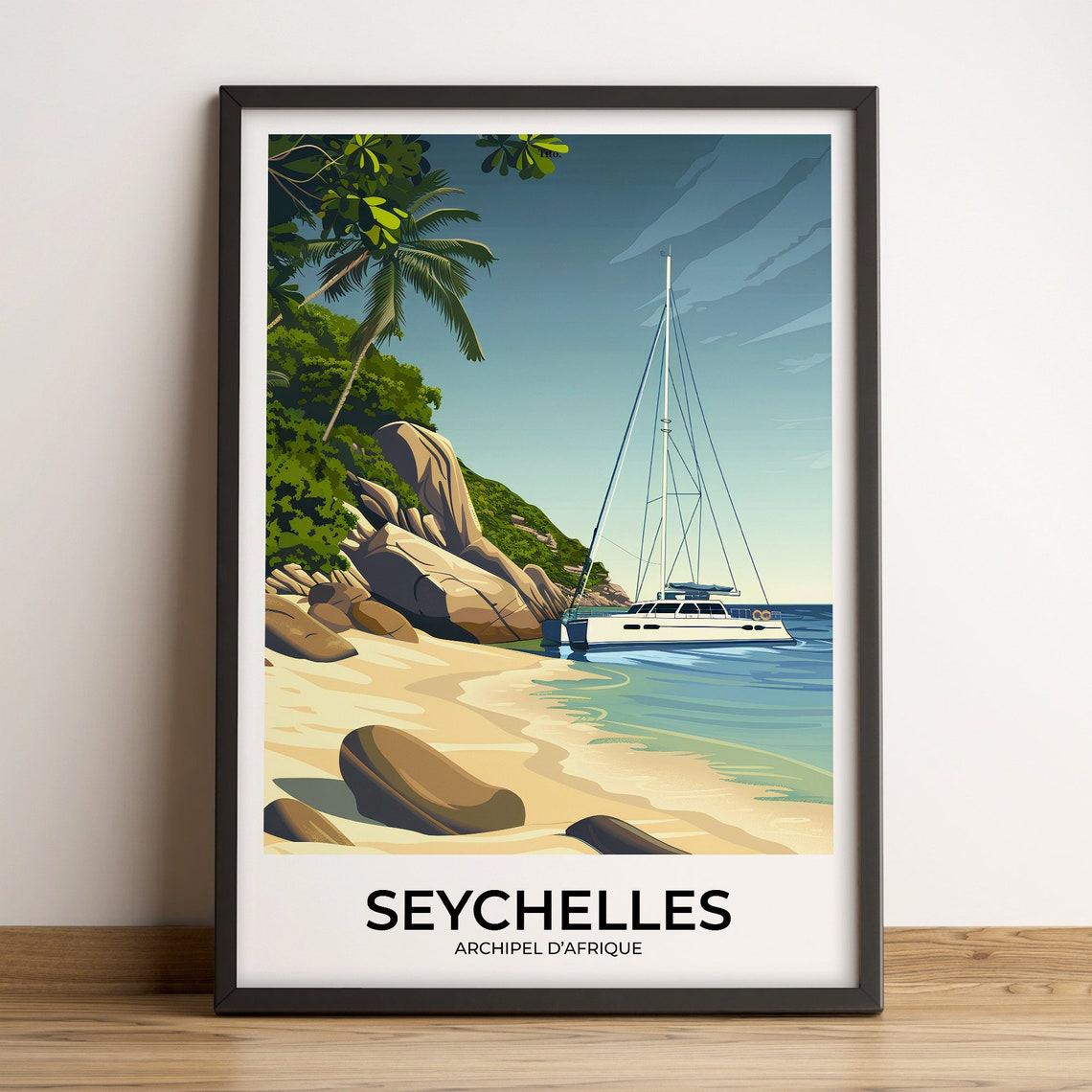 Seychelles Africa Beach Catamaran Granite Rocks Vintage Travel Poster