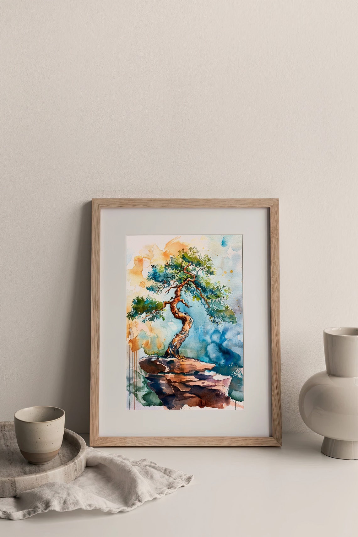 Bonsai Pine Tree On Rocky Perch Zen Watercolor Botanical Art Poster - Image 3