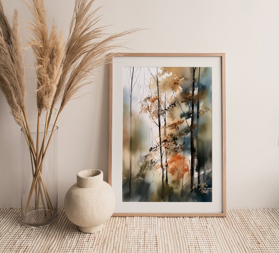 Misty Forest Watercolor Autumn Trees Amber Golden Woodland Poster - Image 5