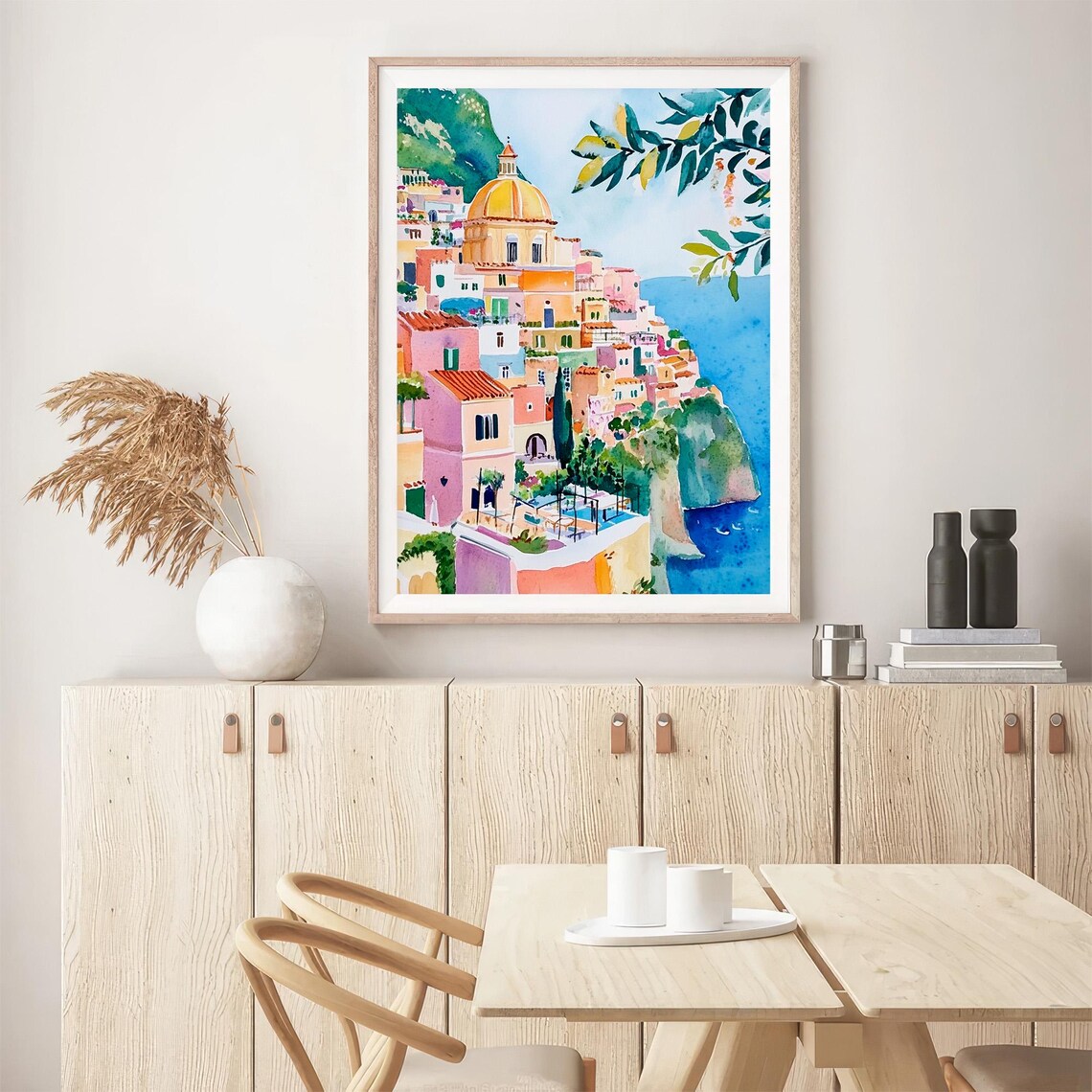 Positano Amalfi Coast Cityscape Golden Dome Watercolor Seaside Print - Image 5