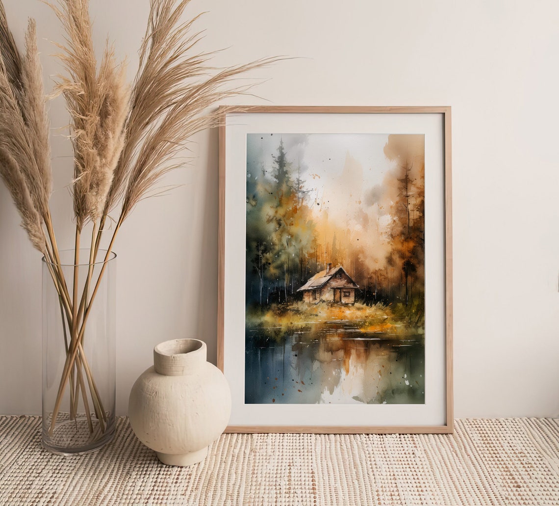 Stunning Foggy Forest Cabin Lakeside Golden Autumn Watercolor Poster - Image 3