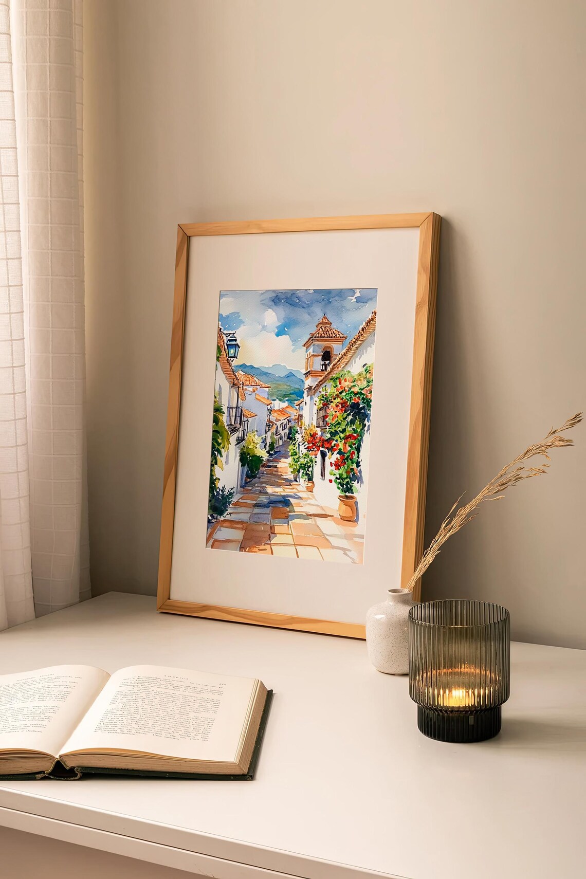 Granada Spain White Village Street Bell Tower Watercolor Travel Poster - Image 2