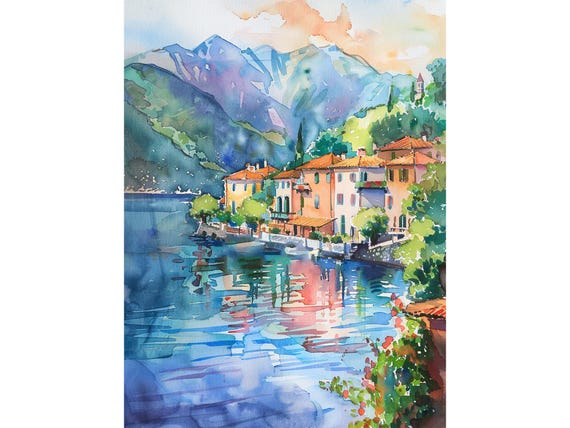 Lake Como Painting Italian Cityscape Watercolor Atr Print Travel Gifts By Feelingprints