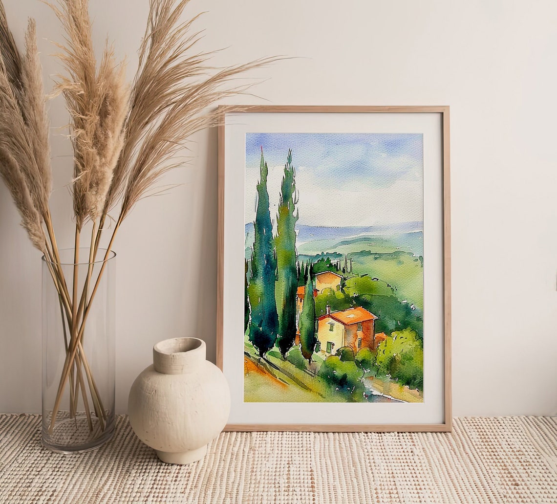 Tuscany Rustic Farmhouse Cypress Trees Rolling Hills Watercolor Poster - Image 4
