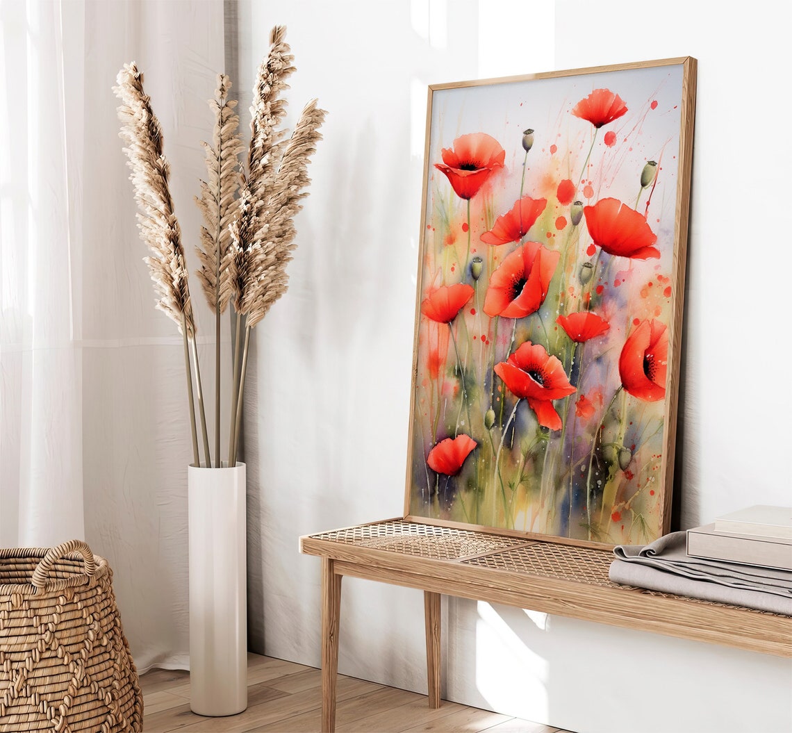 Stunning Vibrant Red Poppies Wildflower Meadow Watercolor Poster - Image 4