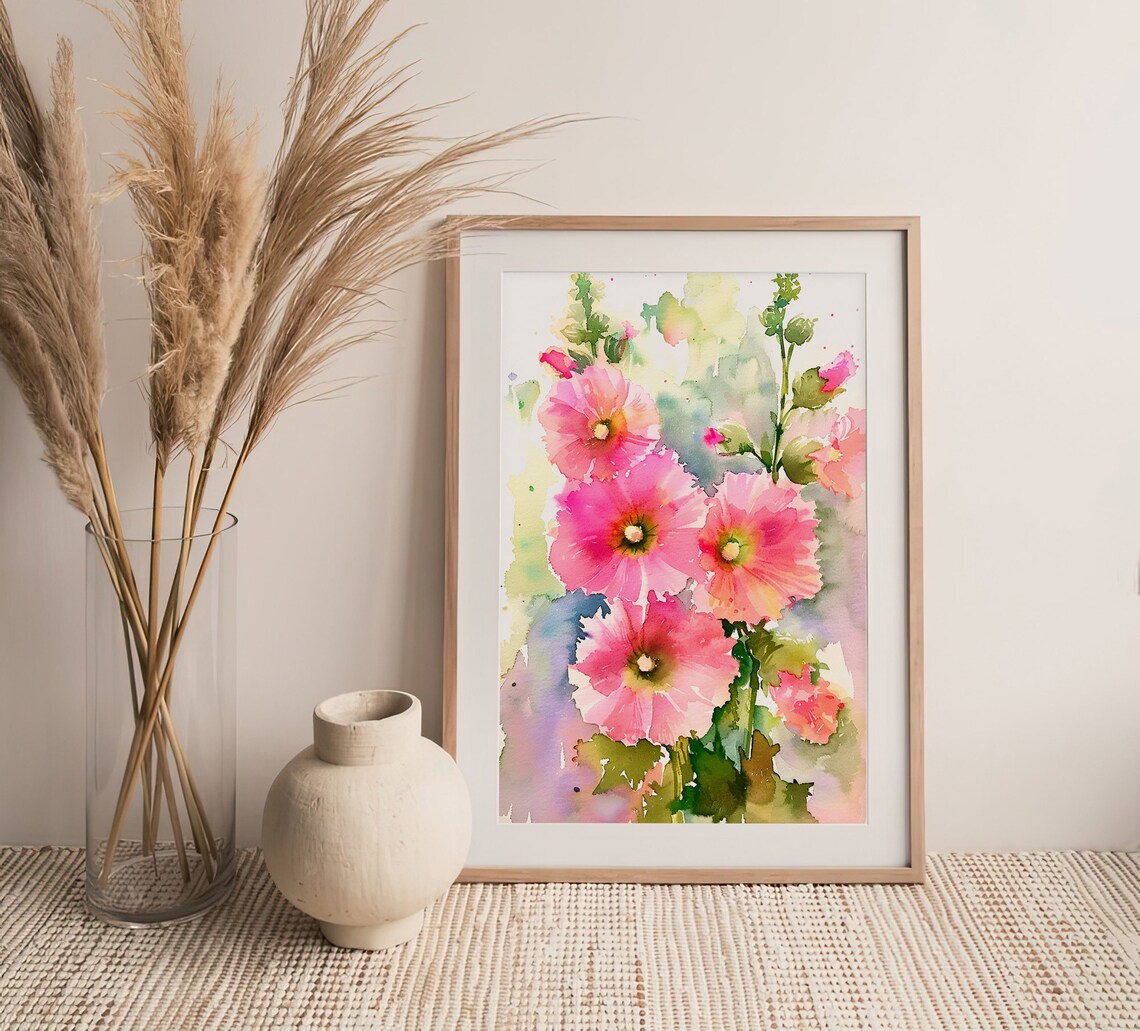 Hollyhock Flowers Watercolor Art Print, Botanical Decor - Image 4