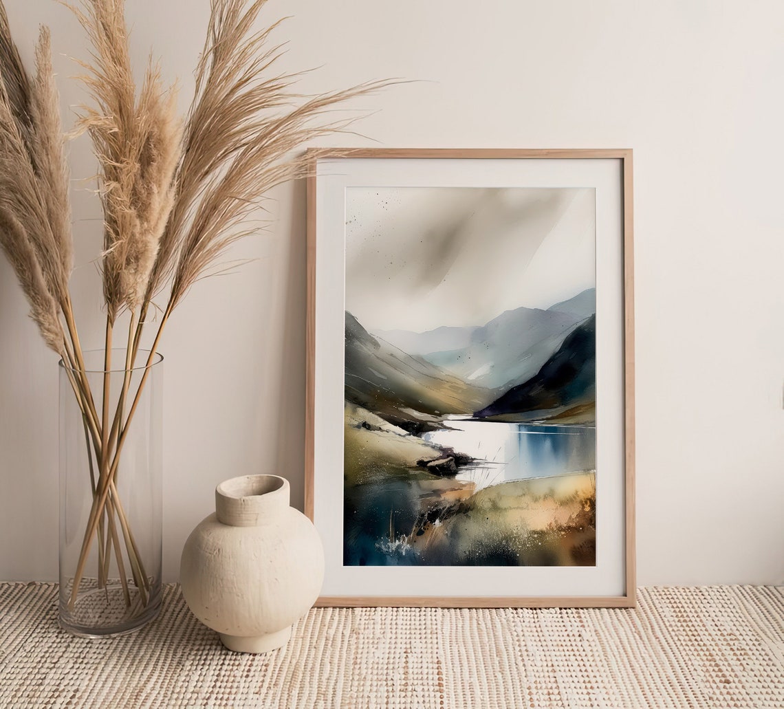 Lake District Watercolor Misty Mountain Lake Neutral Landscape Poster - Image 5