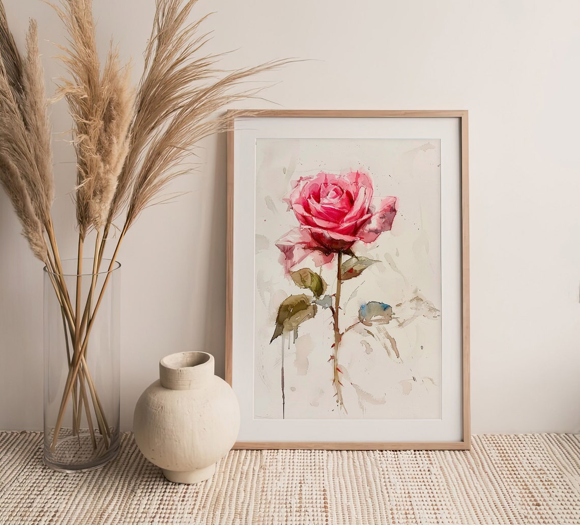 Pink Rose Watercolor Single Flower Minimalist Botanical Art Poster - Image 5