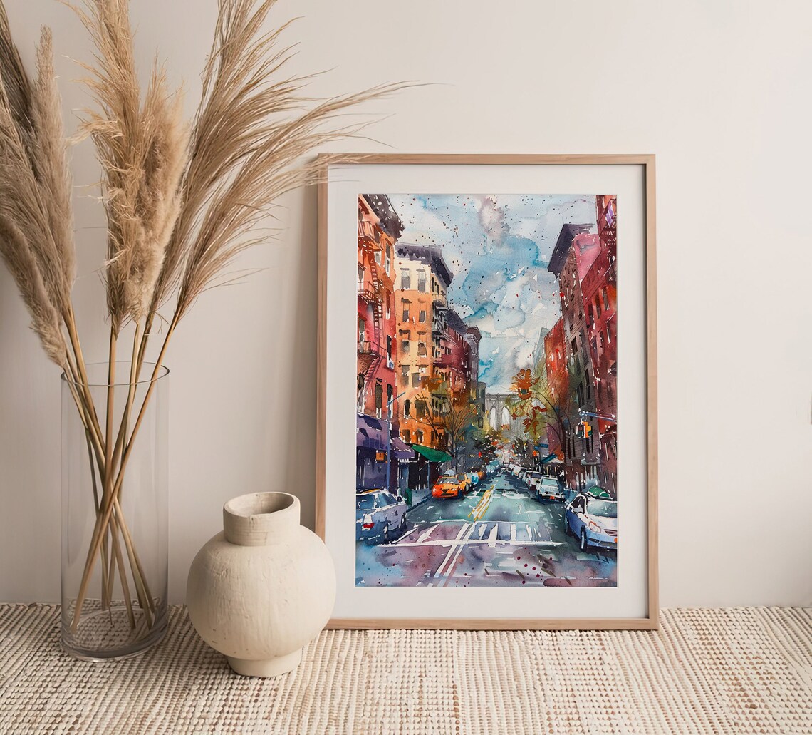 Brooklyn Street Watercolor New York City Brownstones Bridge Poster - Image 4