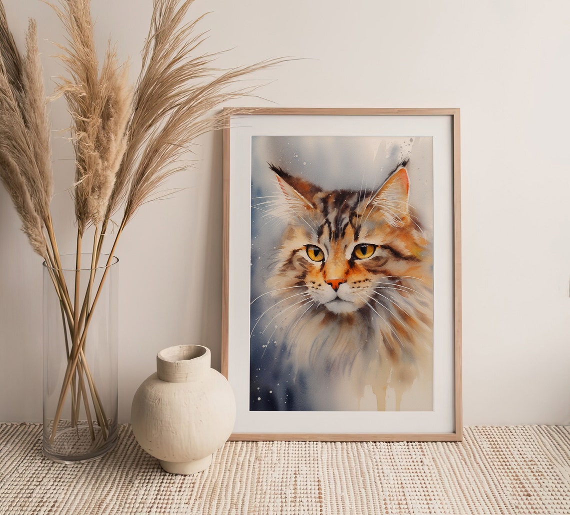 Cat Portrait Watercolor Long Haired Tabby Amber Eyes Pet Art Poster - Image 3