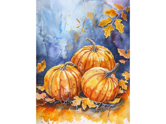Three Autumn Pumpkins Fall Harvest Watercolor Seasonal Painting Poster