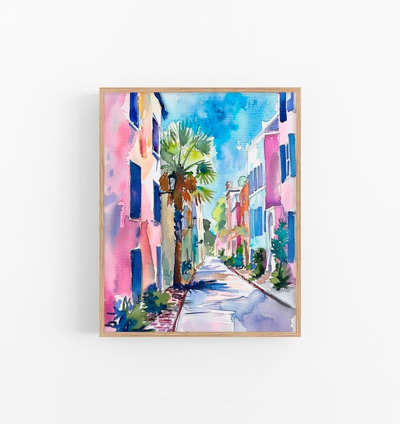Rainbow Row City Watercolor Painting South Carolina Wall Art Decor Charleston Artwork By Feelingprints